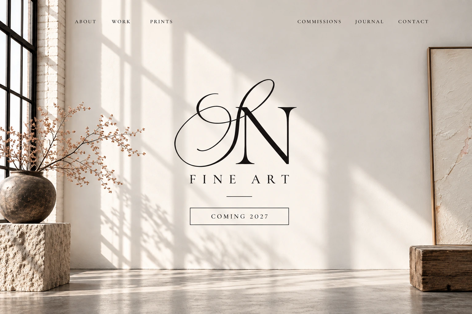 A sunlit, Soho-style gallery with the SN monogram, Fine Art lettering, and Coming 2027.